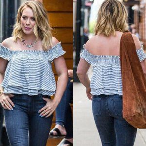 Apiece Apart | Off-Shoulder Striped, Linen Crop Top w/ Ruffles | ASO Hilary Duff